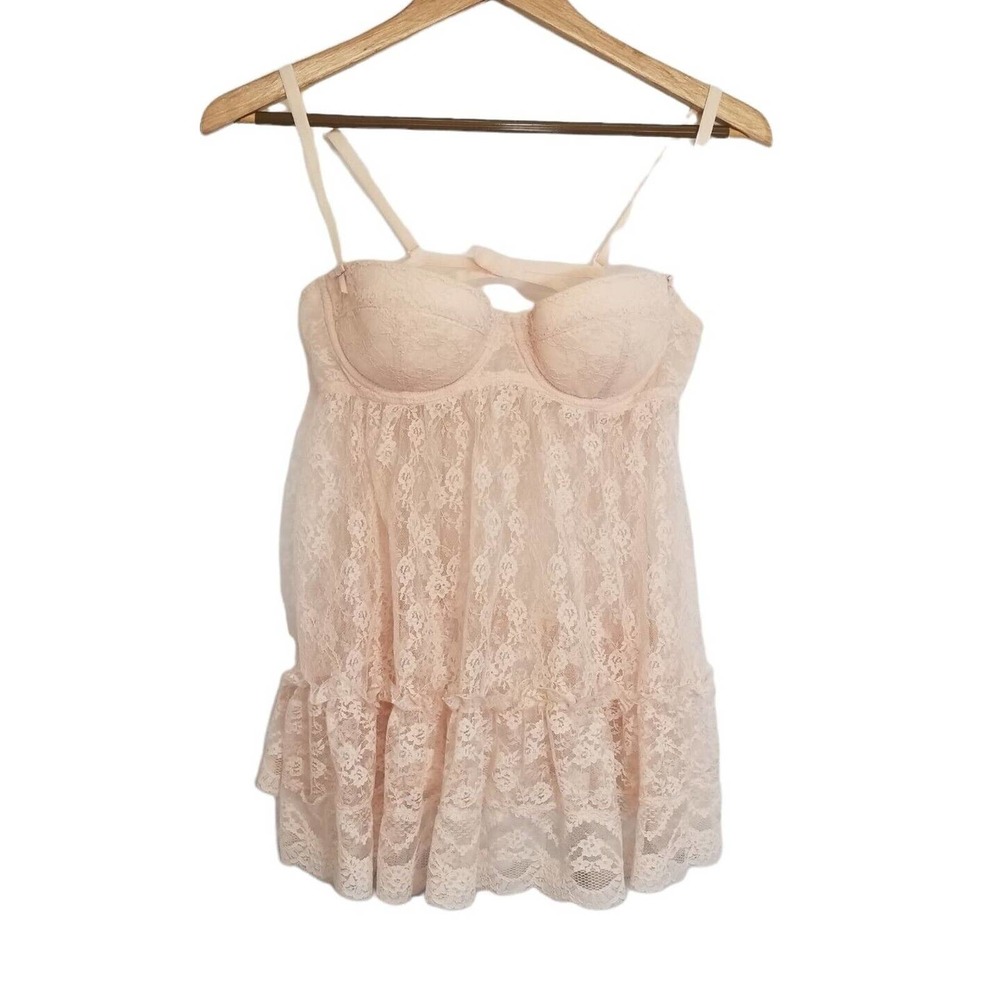 Victoria's Secret Sexy Little Things Pale Pink Lace Babydoll Negligee Top Sz 36C